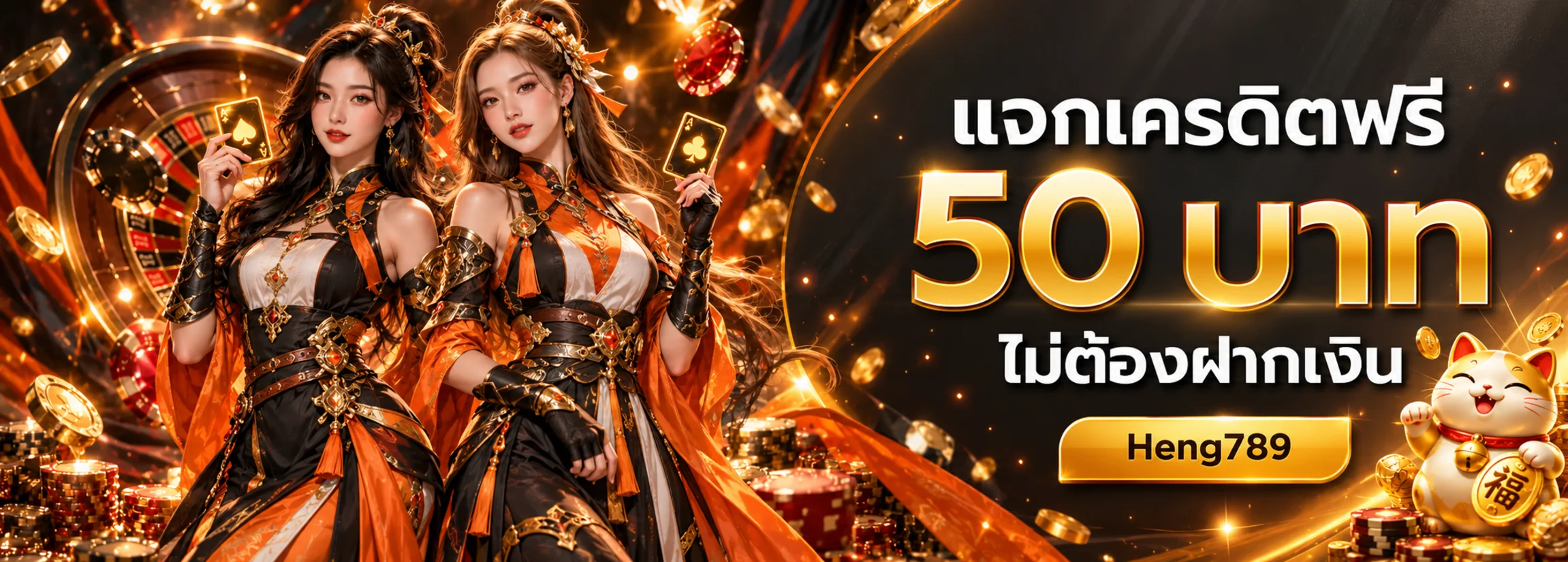 แบนเนอร์ Heng789 เครดิตฟรีและแมวนำโชคโทนส้มดำ